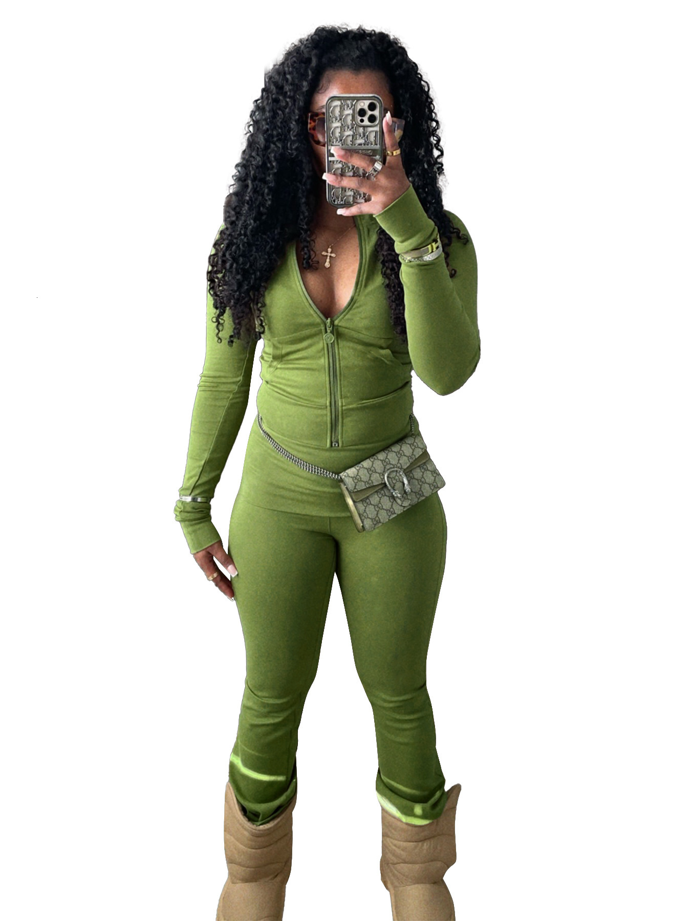 HR24066 Womens Sports and Leisure Tight Zipper Low Waist Folding Micro Horn and Velvet Set