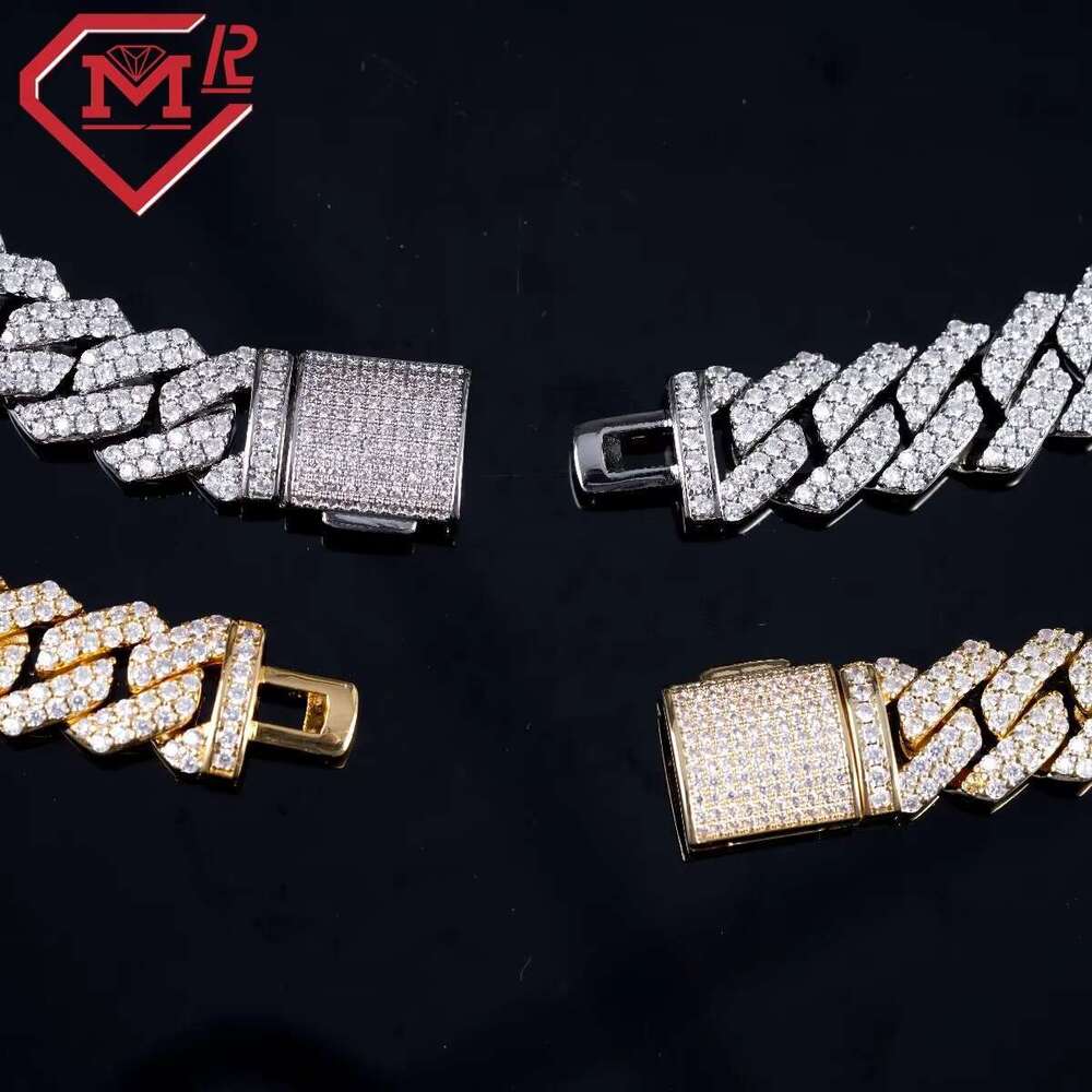 Hip hop Sier 12mm Two Rows Pin Set Vvs Silica Iced Miami Cuban Chain