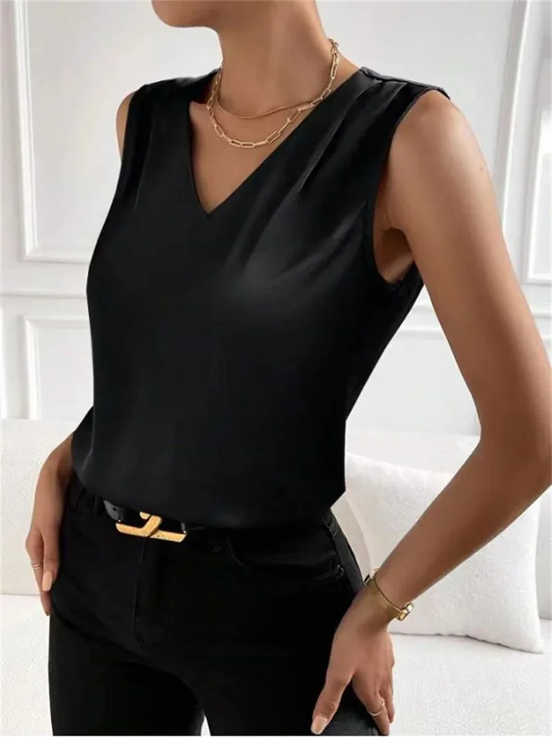 Womens vest elegant temperament Vneck summer vacation simple solid color fashion allmatching sleeveless top 250515