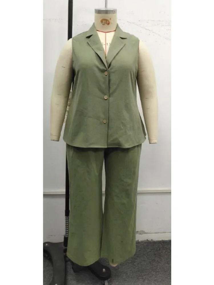 GIBSIE Plus Size Two Piece Set For Women Solid Notched Neck Sleeveless Vest And Wide Leg Pants 2025 Summer Office Ladies Suit 250514