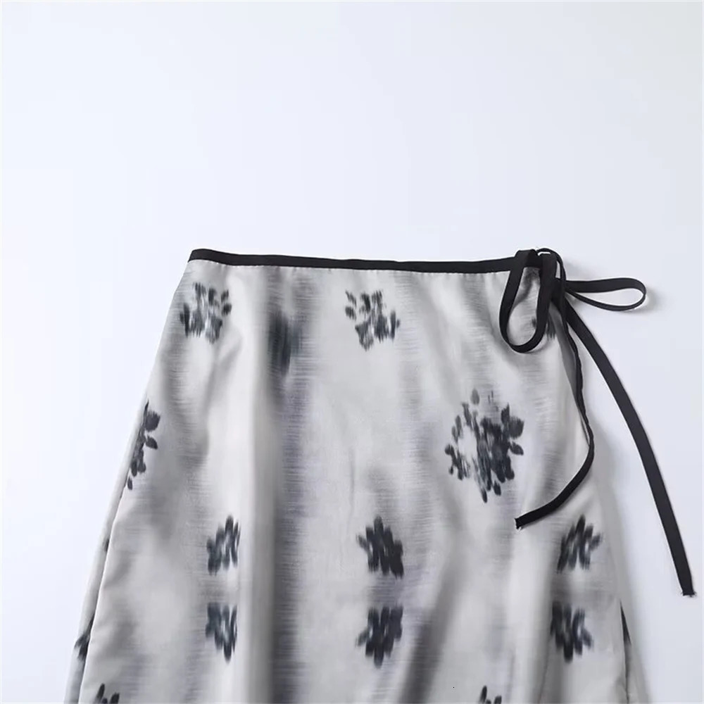 UNIZERA Womens Elegant Blended Printed Tie Waist Skirt Zipper Decoration SpringSummer Casual Wear 250515