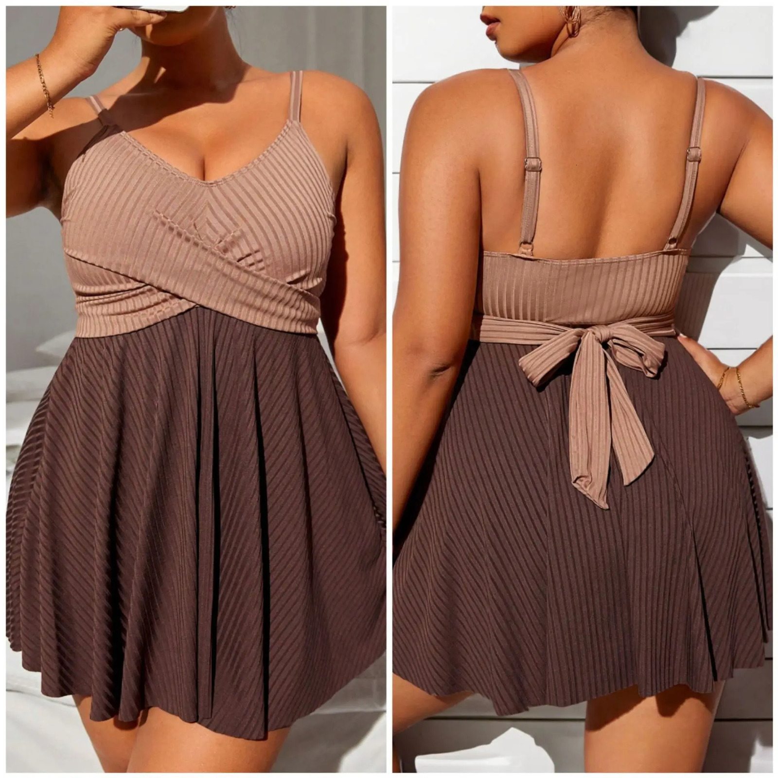 Curve Two Tone Wrap Cross Front Large Plus Size Swimsuit Women Swim Dress Tankini Swimwear Female Bathing Swimming Suit 250515