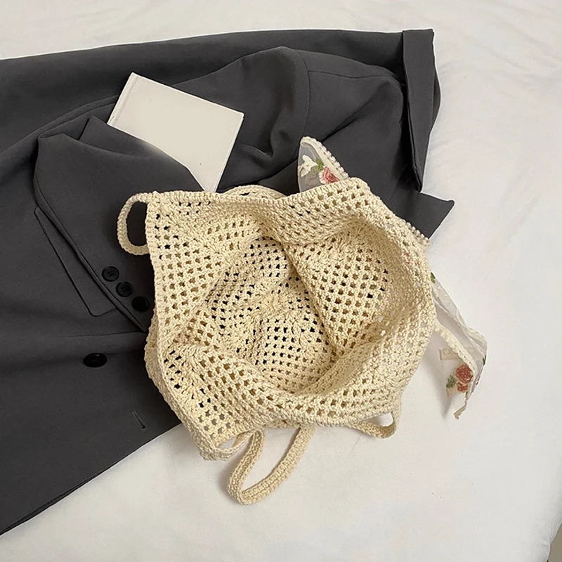 Summer Beach Bag Mesh Women Woven Lace Bow Shoulder Purse Large Capacity Clutch Purse Solid Color Shopping Vacation Travel 250515