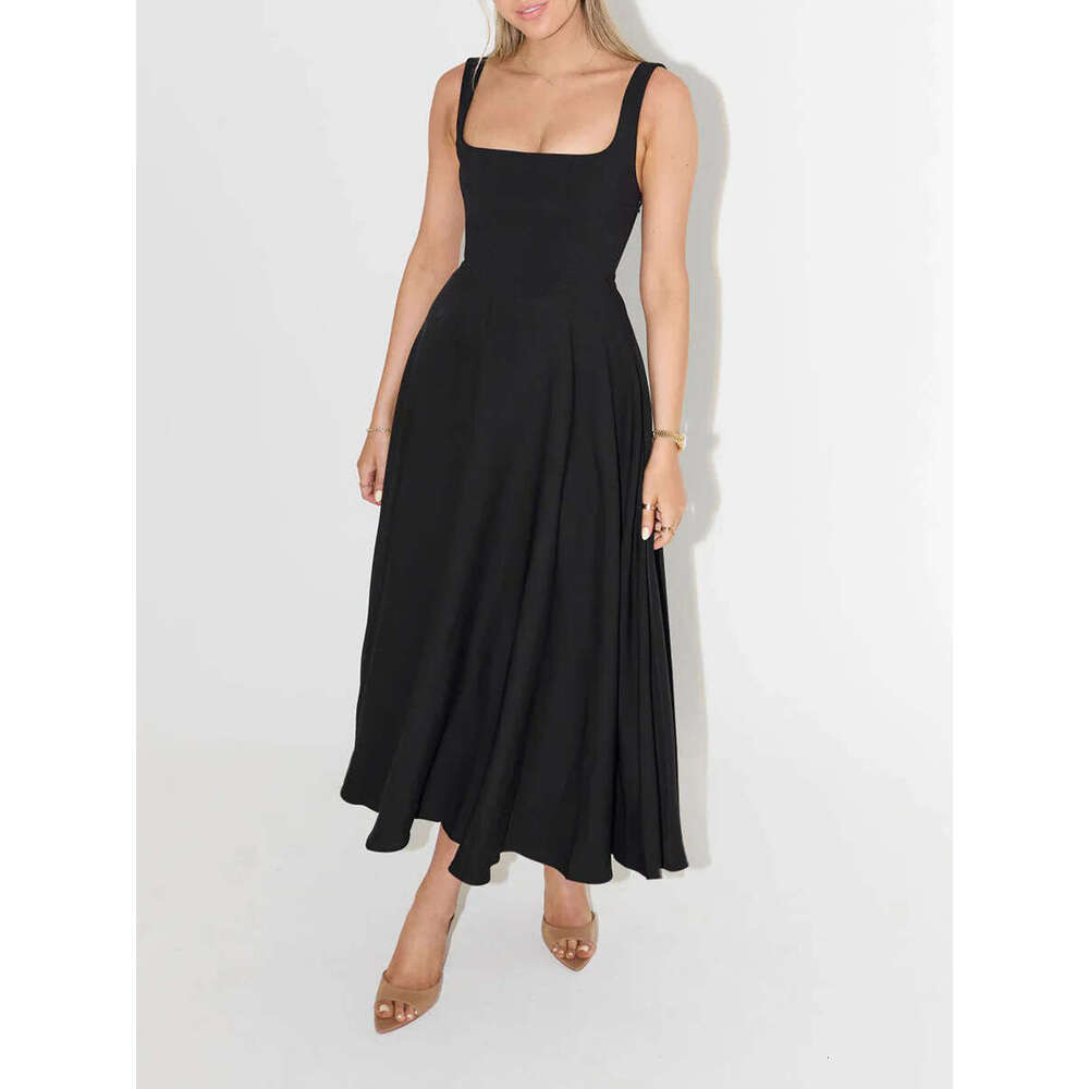 2025 summer new simple and sexy solid color shoulder strap slim fit mid length dress
