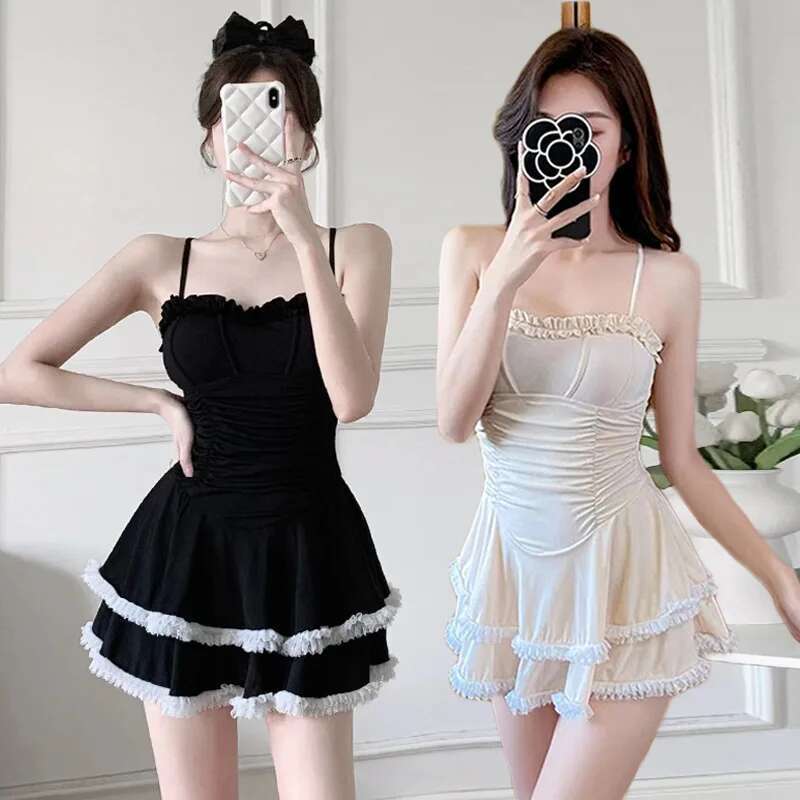 sexy Korean fashion patchwork swimsuit one piece ruffles mini dress culottes bikinis padded swimwear sweet beach outfits biquini