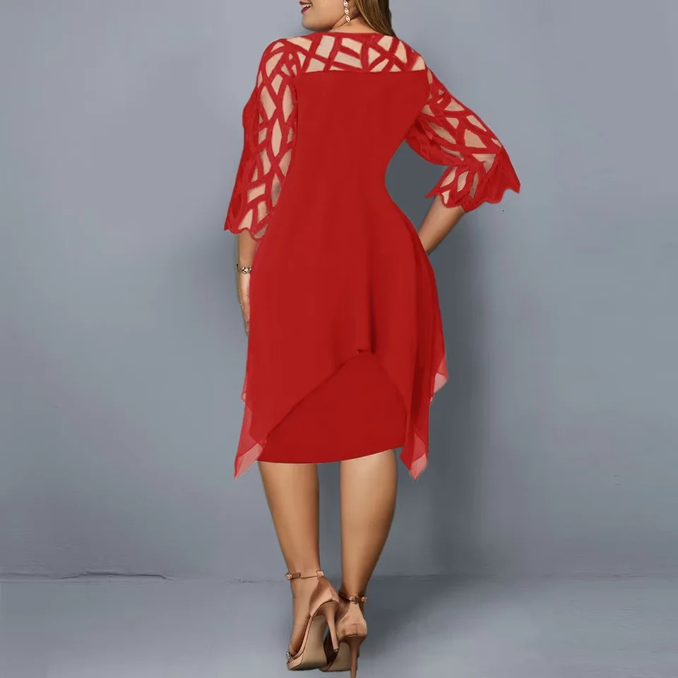 Purple Plus Size Dress for Women Fashion Lace Sleeve Midi Dress Autumn Winter Elegant Round Neck Christmas Party Dress 250509