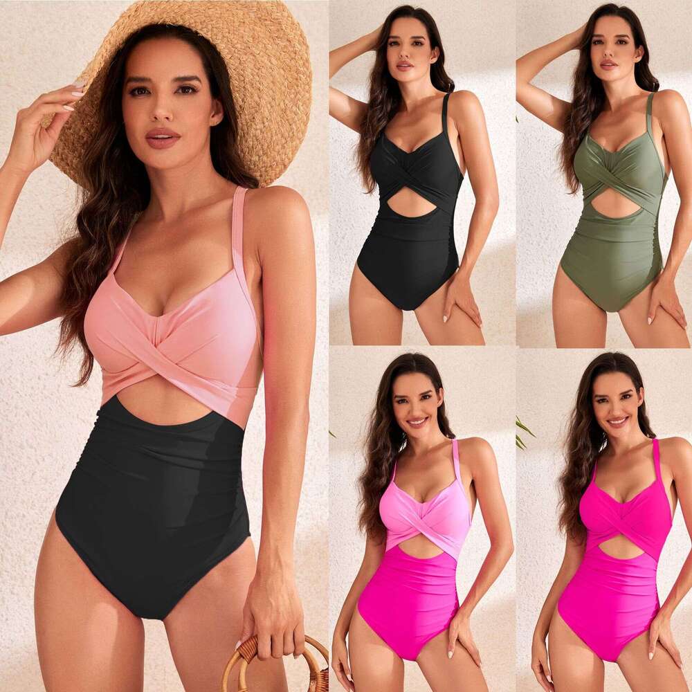 24 popular one-piece hard bag swimsuit with hollow solid color swimsuit, women's high waist manufacturer's new style, chic and elegant cloth