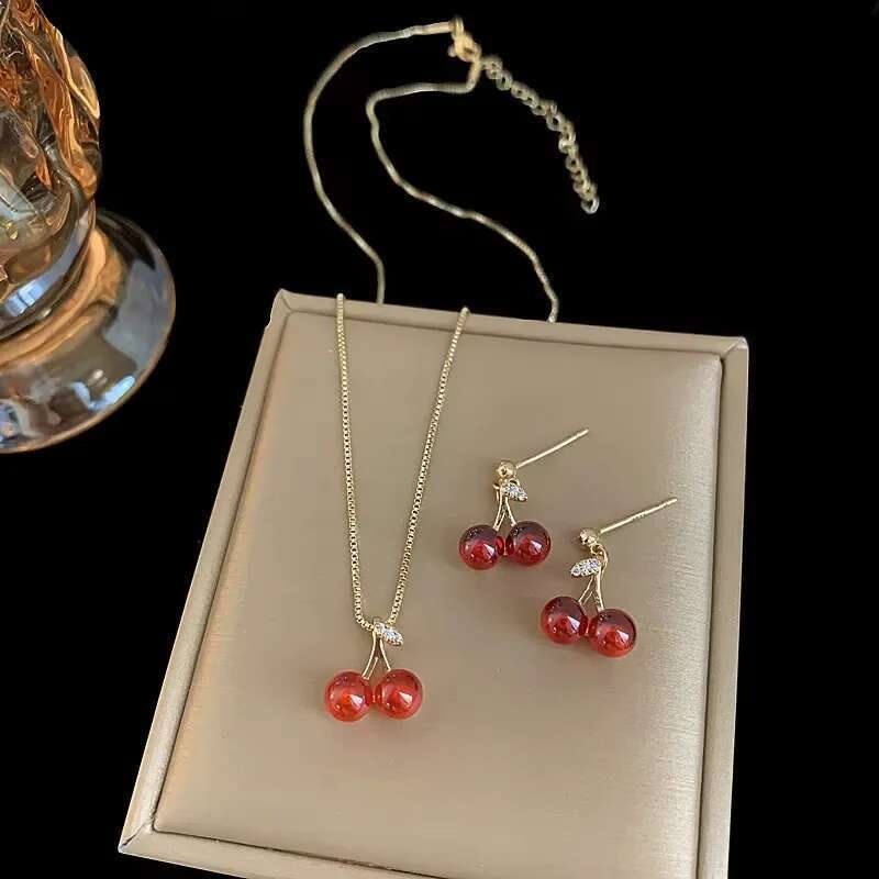 Sweet Red Cherry Pendant Necklace Dangle Stud Earrings Set Shiny Gold Chain White Rhinestone Women Trendy Jewelry