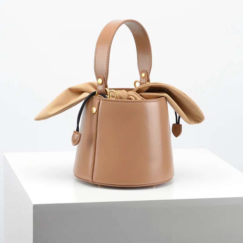 Rabbit Ears Versatile Bucket Genuine Leather Cowhide High Quality Women Handbag Shoulder Messenger Lady Purse Casual Bag