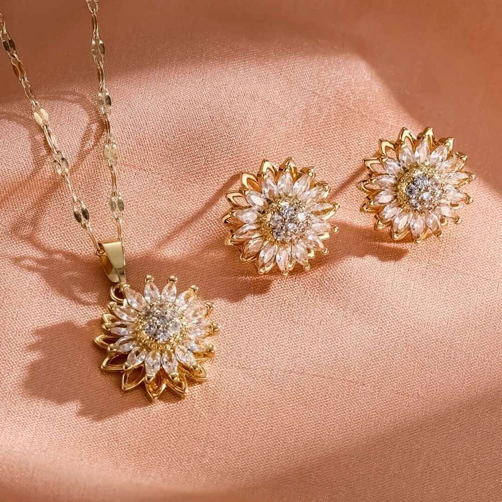 Fashion 2-Piece Of Suower Inlaid Zirconium Rotating Earrings Necklace Women Couple Holiday Gift Set Party Jewelry