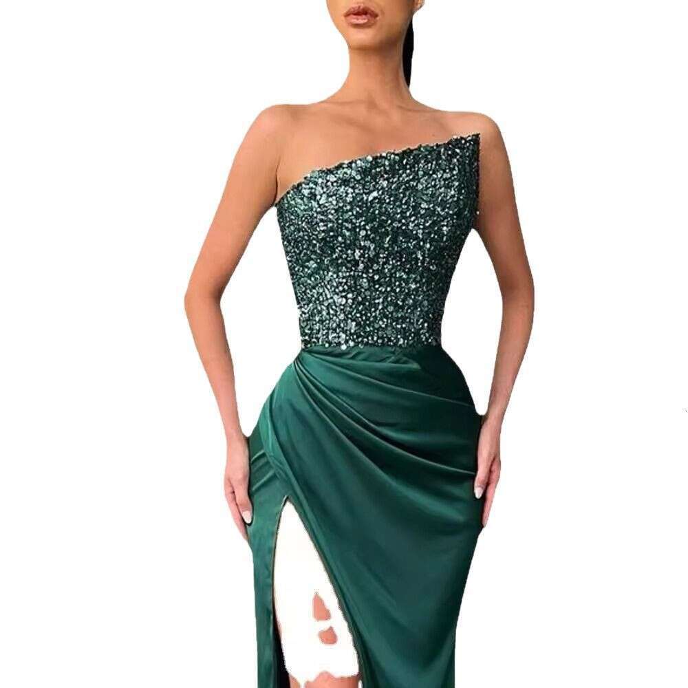 green sequined fairy long sleeveless fashion jumpsuit, mid length evening dress, 2025 new style, chic and elegant clothing