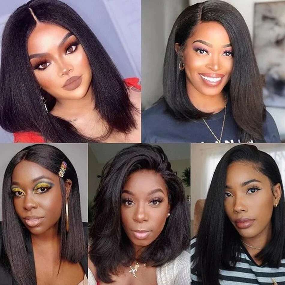 250 Density Kinky Straight 13x4 HD Transparent Full Frontal Bob Human Hair Lace Front Wig Pre Plucked For Black Women
