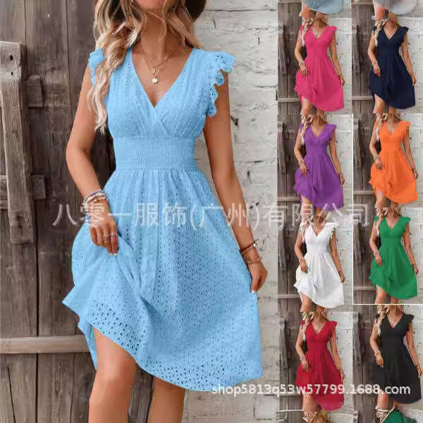 2024 New Mid length Lace Jacquard Hollowed out Slim V-neck Large Women's Dress
