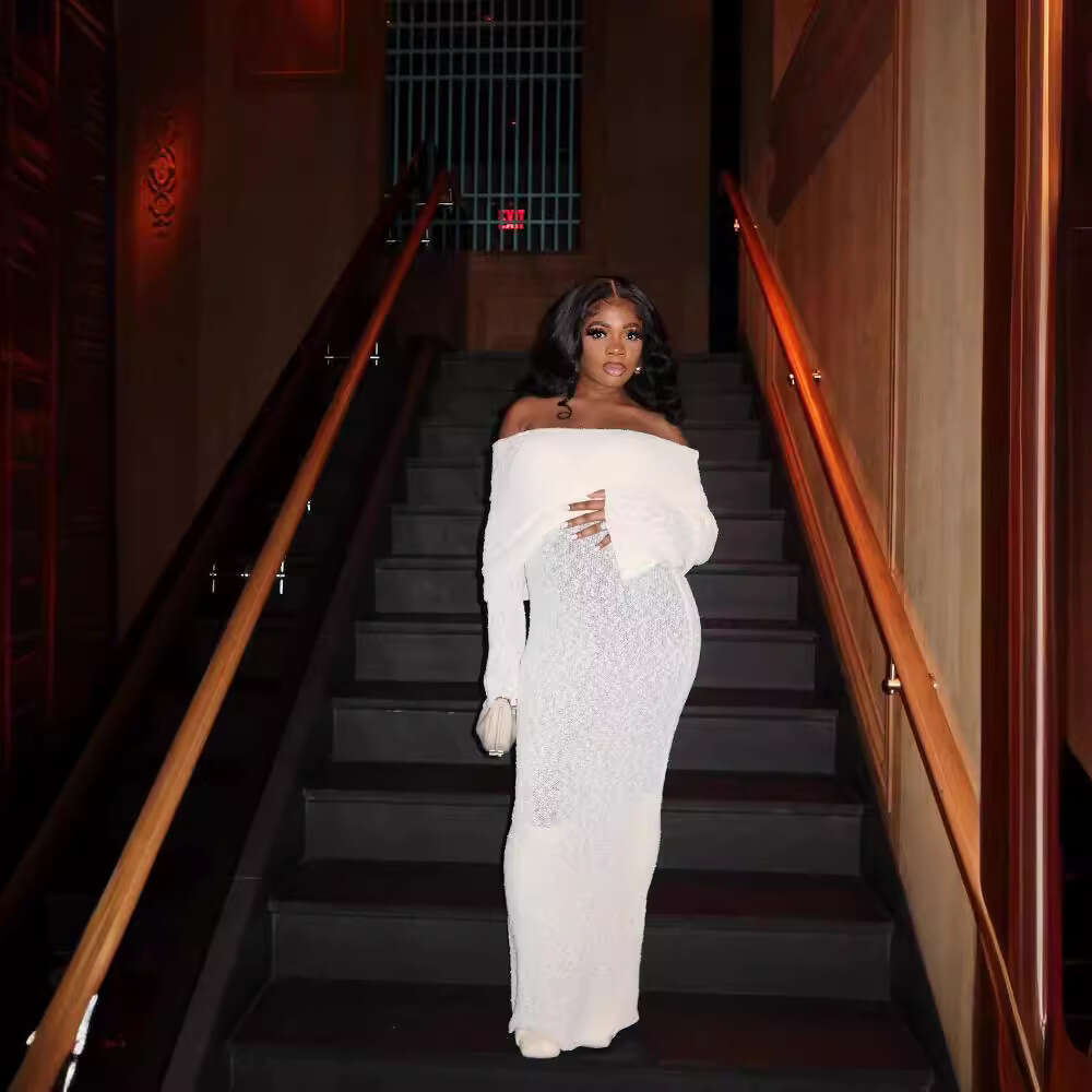 White Dress Maxi Dress 5-Color Beach Vacation Sexy With Knitted Hollow Out One Line Collar Long Dress Cover Up For Summer Women KQ