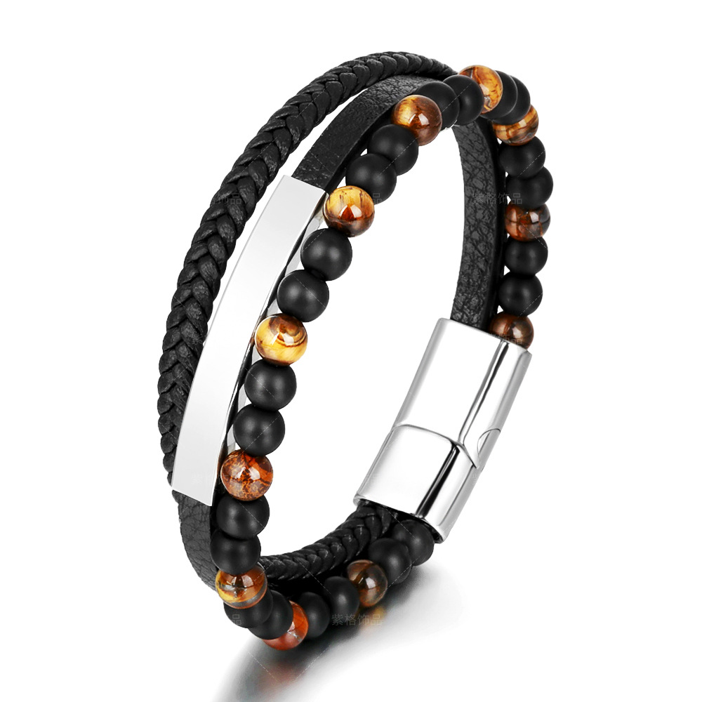 Men's Tiger Eye Stone Beaded Bracelet with Black Braided Leather Band - Stylish and Durable Multi-Layer Bracelet for Men