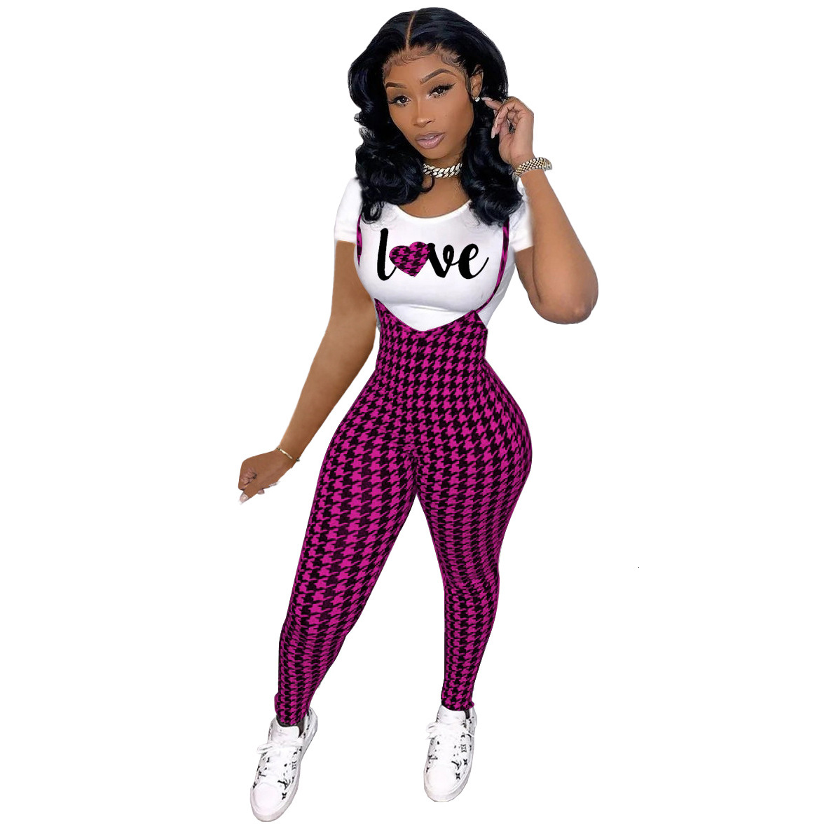 D9828 Womens fashion pattern printed short sleeved T-shirt+suspender jumpsuit