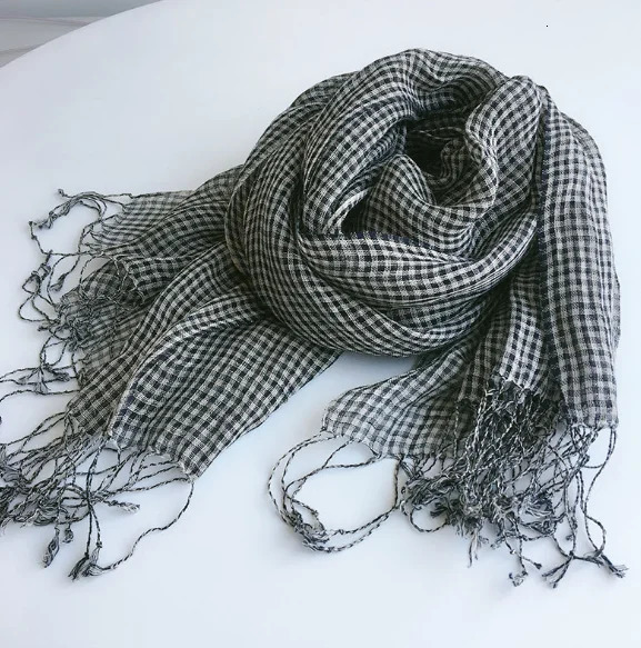 100% linen small plaid scaves summer spring japanese style crepe air conditional shawls black white check weaved pashmina wraps 250514