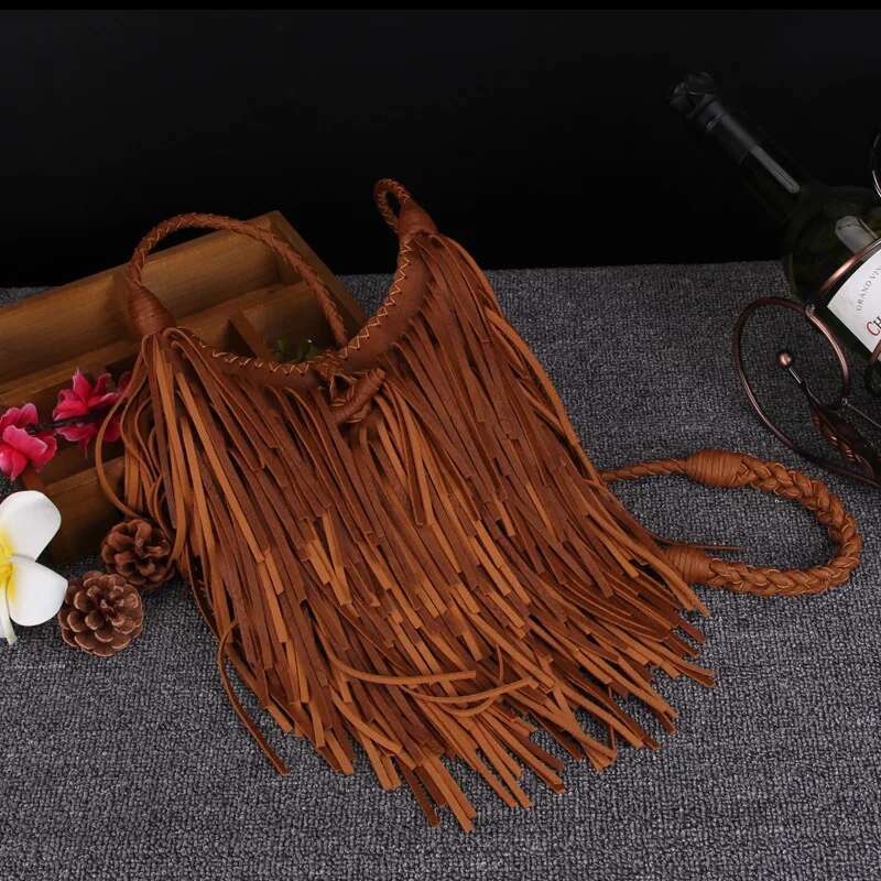 Beach Bohemian Tassel Women's Crossbody Bags Vintage Manual Weave Handbag Bolsa Franja Quality PU Leather Messenger Bags