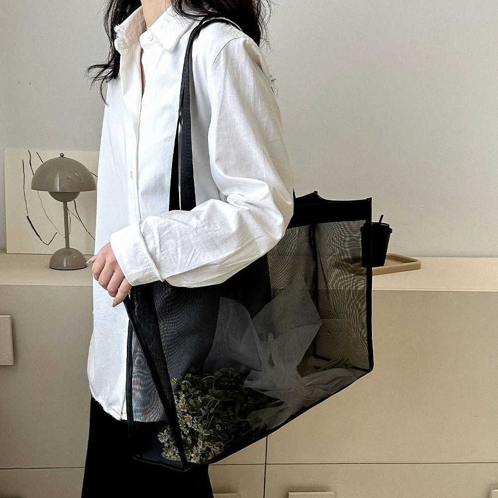 Fashion Large Capacity Mesh Shoulder Bag with Solid Color Top Handle for Summer Vacation Travel and Shopping 250515