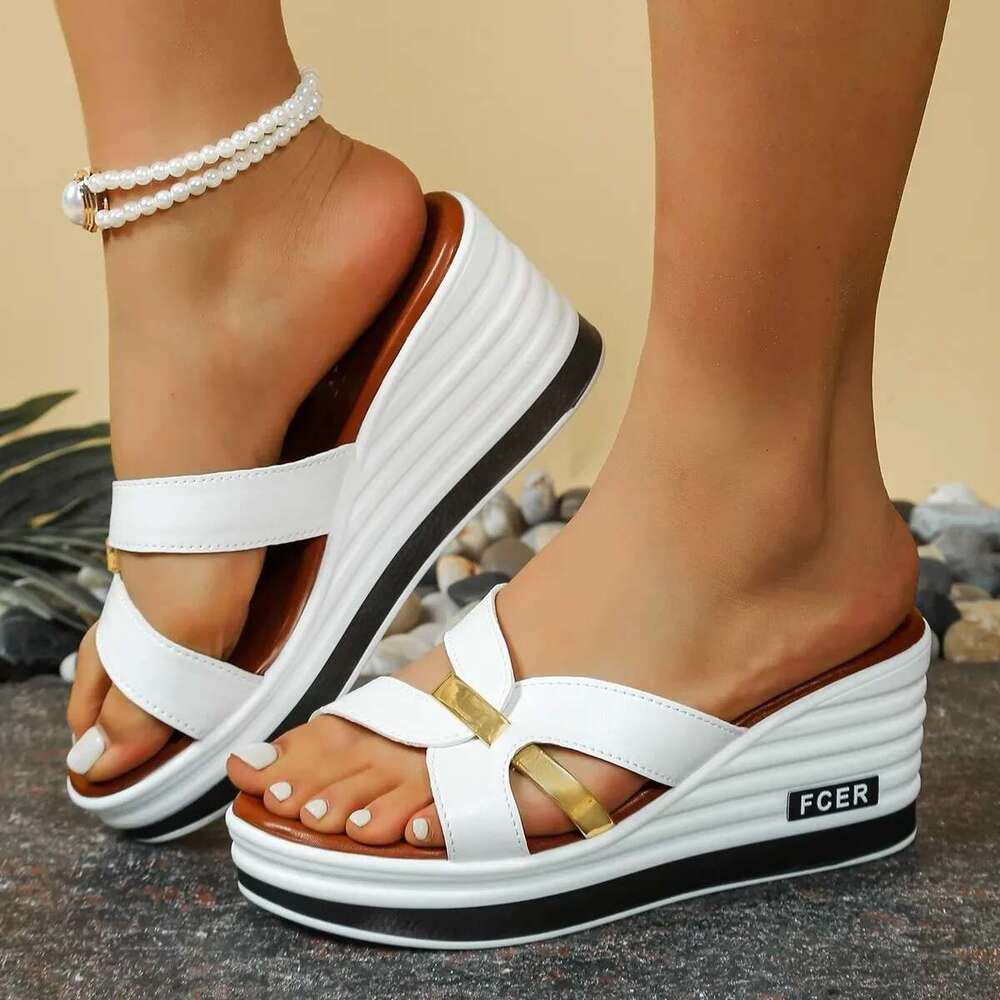 Women's Wedge Leopard Print Summer 2025 New Fashion High Heel Sandals Casual Plus Size One Line Cool Platform Slippers
