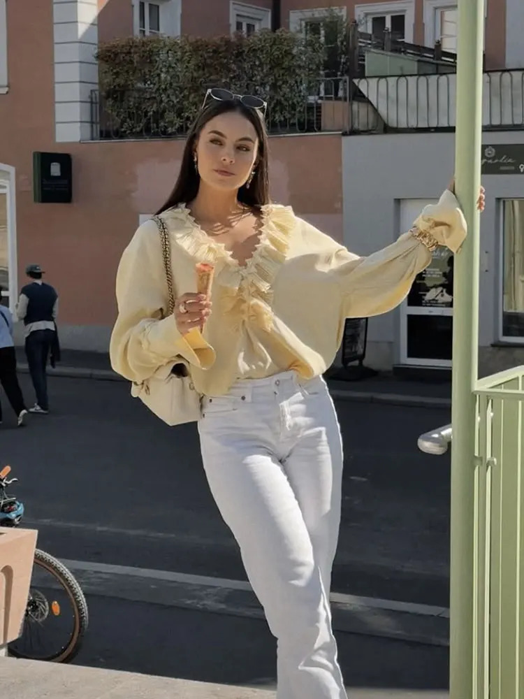 TRAFZA Womens Fashion Ruffles Blouse Elegant Solid Loose Casual Long Sleeve Shirt Woman Summer Y2K Yellow Tops 250515