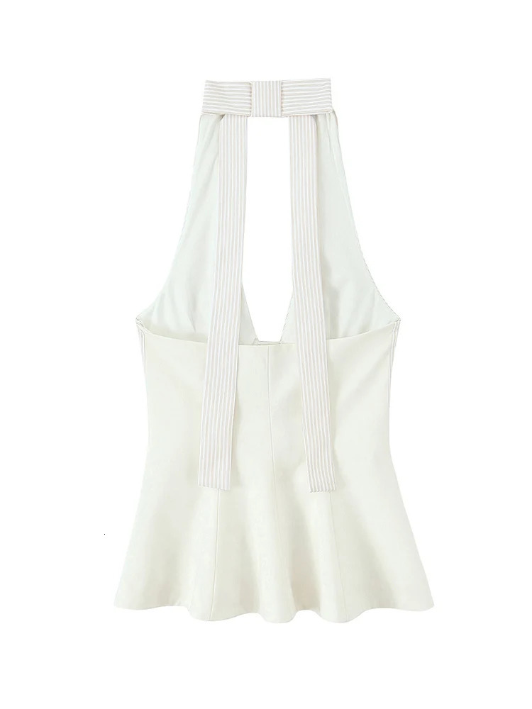 TFMLN Fashion Women Bow Backless Tank Top Casual Vneck Striped Patchwork Sleeveless Halter Tops Summer Slim 250515