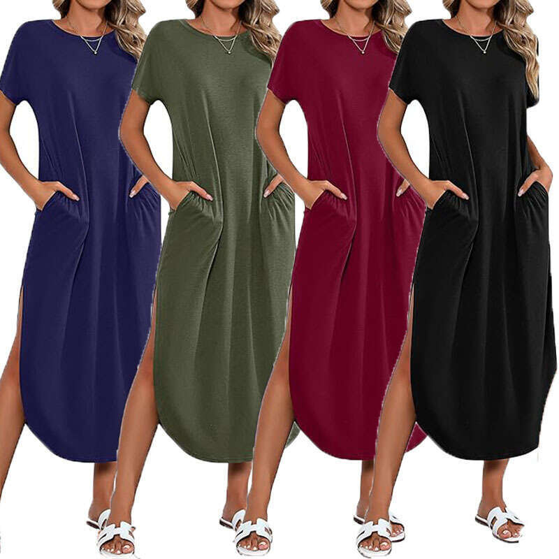 White Dress Maxi Dress Women's Short Sleeved Ultra Dress Round Neck, Casual Loose Slit, Long Summer Beach Shirt With Pockets KQ