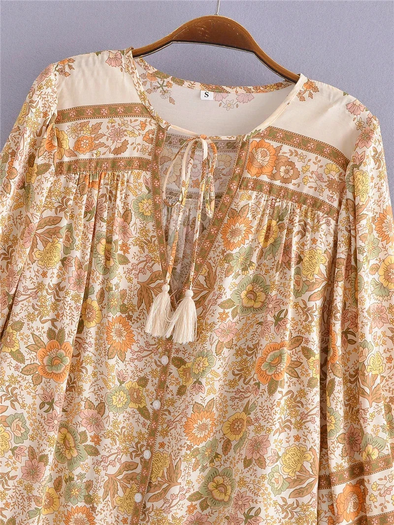 Boho Queens Women Floral Printed Vneck Long Sleeve Tassel Blouse Shirts Ladies Button Rayon Shirt Bohemian 250515