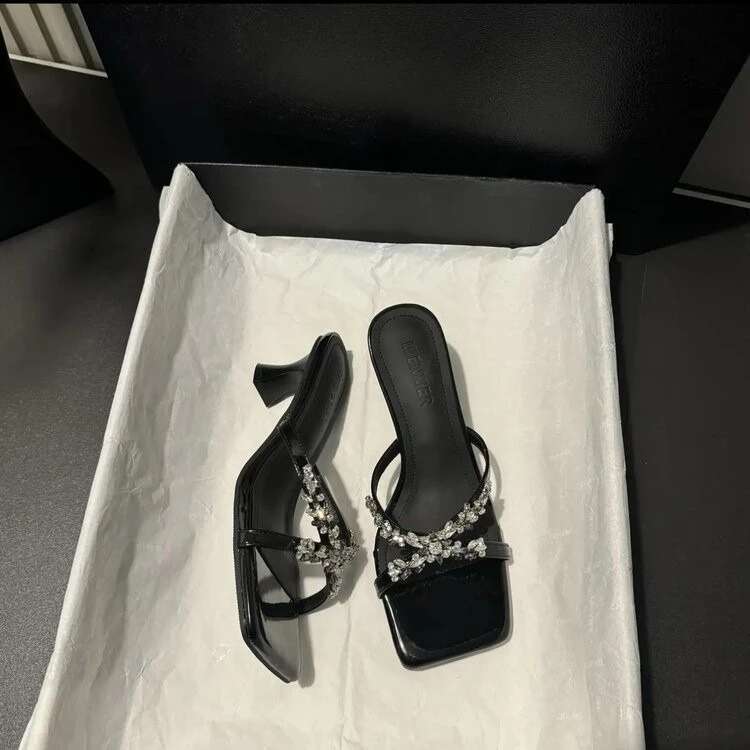 2025 Women's Slippers with Exposed Toe Sequins Anti-slip Wear-resistant Medium and Square Heels Summer