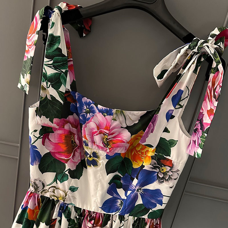 Summer Women's Flower Print Cotton Mini Dresses Designer Fashion Square Neckline Adjustable Straps Waist Up Pleated Vestdios Trendy High-Quality 