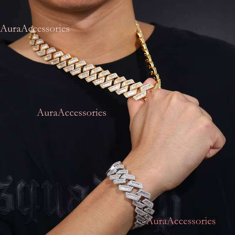 New Arrival Hip Hop Jewelry 20mm Gold Plated Brass Baguette AAAAA CZ Dia Iced Out Cuban Link Chain Necklace