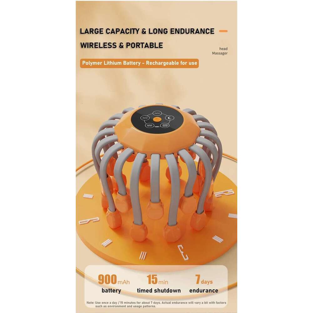 20Massage Heads Orange Scalp Head Massager Red Light Vibrator Octopus Scratcher For Relaxation Stress Migraine