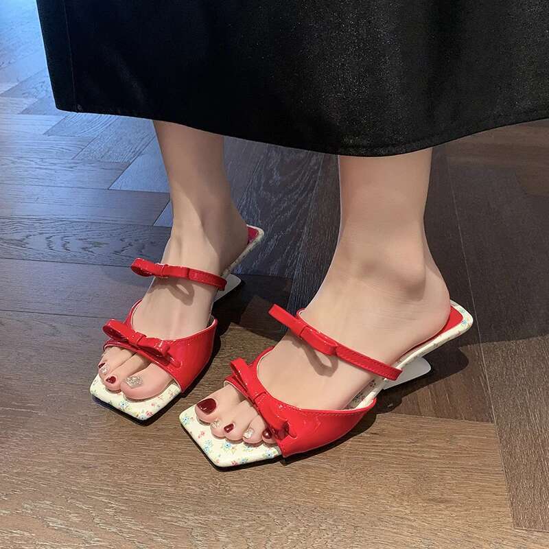 Women's Summer New High Heels Square Head Open Toe Bow Sandals Casual Fashion Sweet Anomalous Slippers