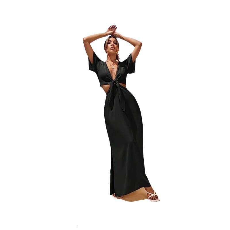 White Dress Maxi Dress 2023 Women's Super Long Front Lace Up Split Hem A-Line Dress Casual New KQ