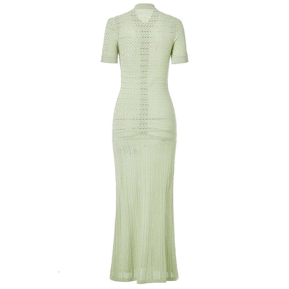 2025 new spring and summer elegant hollow out short sleeved round neck long knitted dress