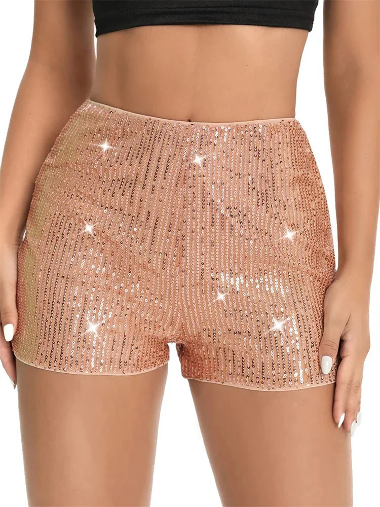 Women Sequin Shorts Elastic High Waist Sparkly Glitter Straight Short Pants Sexy Club Pants Summer Streetwear 250514