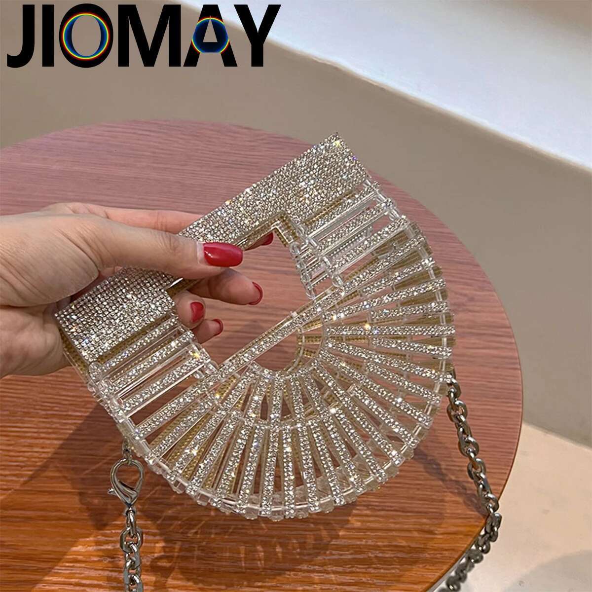 JIOMAY Half Moon Rhinestone Purse Designer Handbags Clutch Evening Mini Basket Bling Tote Bag Crystal Wedding Bags