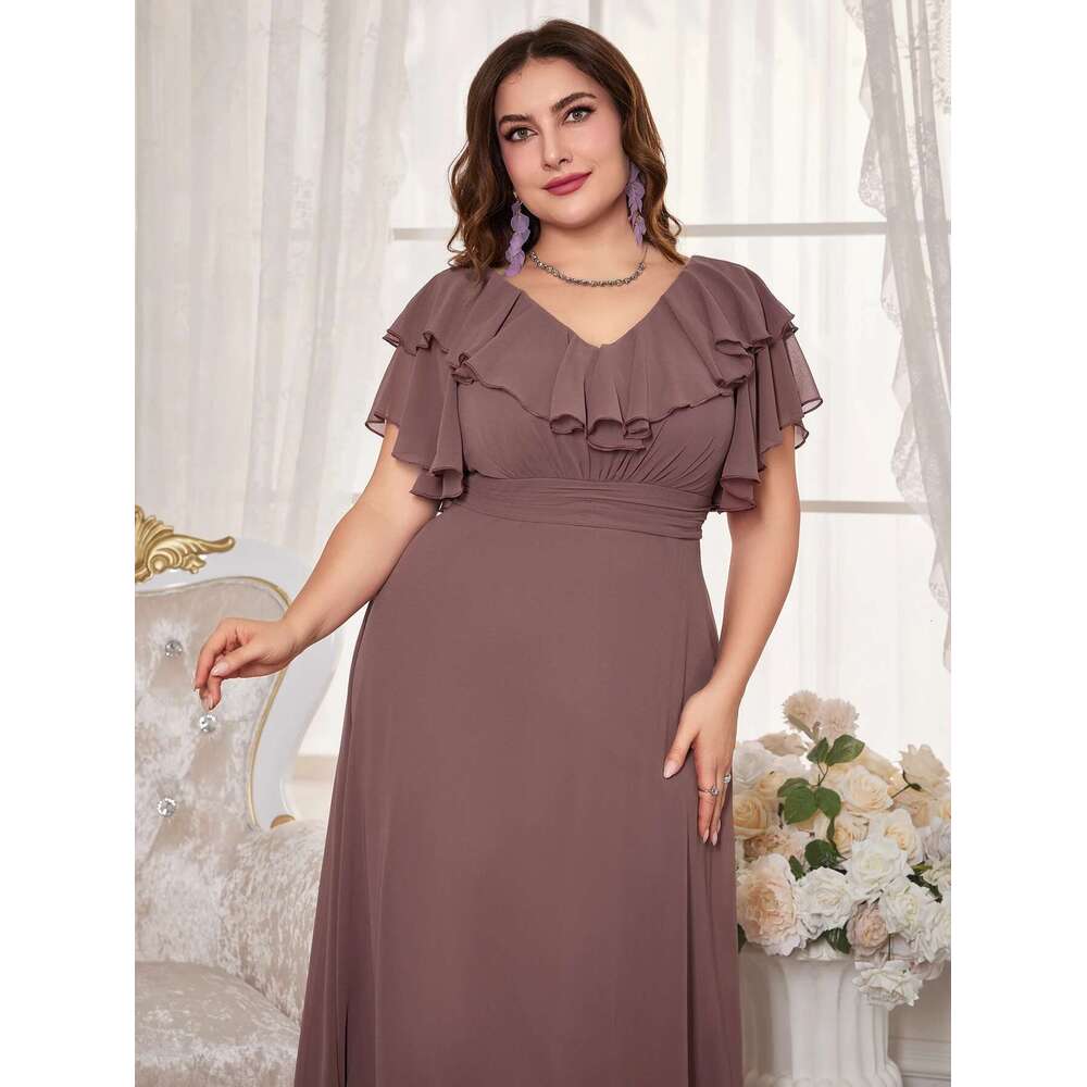 Unithorse Plus Size Women's Bust Ruched Tierred Short Sleeve Elegant Chiffon Dress