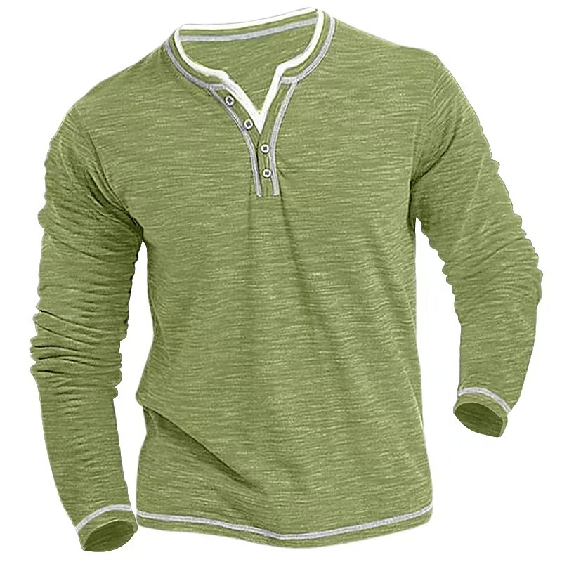 2025 Autumn/Winter Men's Cotton V-Neck Button-Front Henley Shirt, Stretchy Casual Long-Sleeve T-Shirt