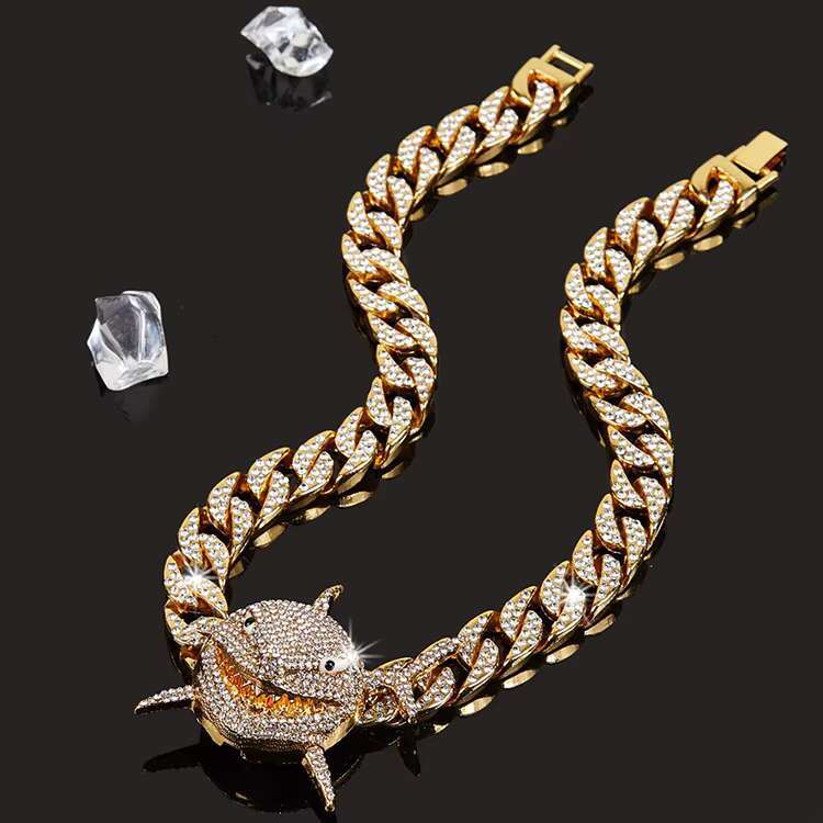 Fashionable Domineering Big Shark Pendant Necklace Dia Hip-hop Cuban Chain Jewelry for Men