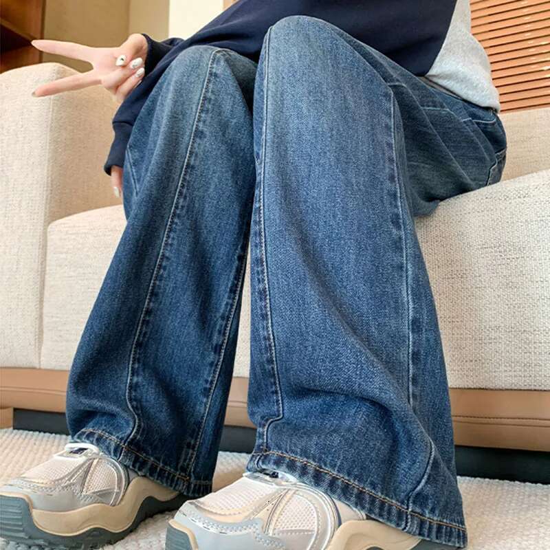 L - 6XL Plus Size Woman High 2025 Spring Elastic Waist Wide Leg Loose Denim Pants Streetwear Blue Color Jeans Women
