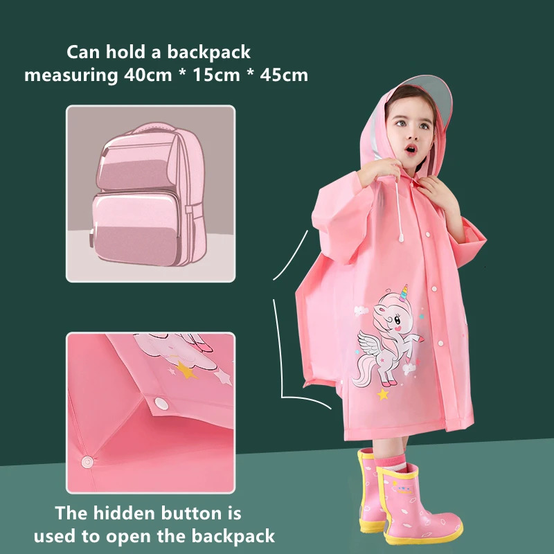 Children Raincoat Girls Boys School Students Backpack Location Waterproof Cartoon Rainwear For 2-12 Years Old Kids 250515