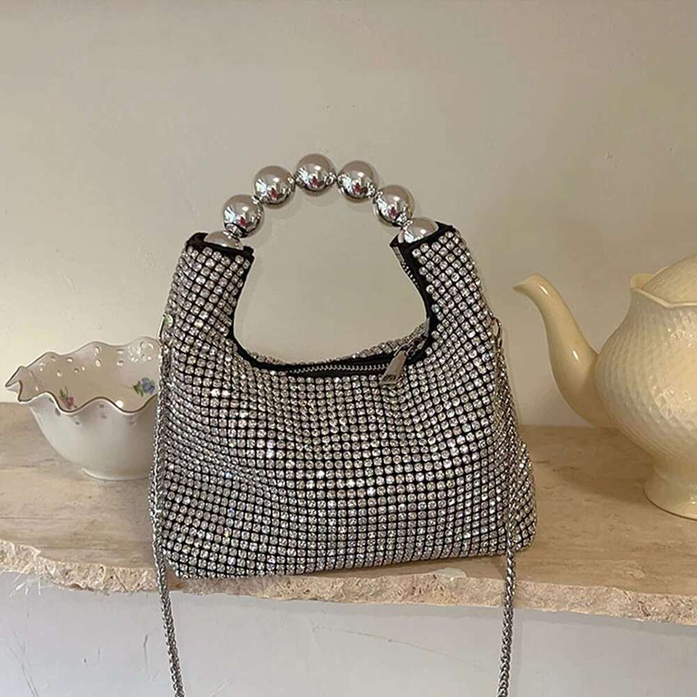 JIOMAY Fashion Steel Ball Handle Tote Exquisite Rhinestone Shoulder Designer Bags Purses For Women Makeup Bag
