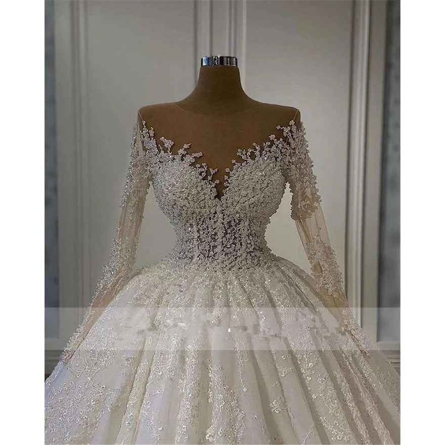 Real Photo Lace Appliques Ball gown Wedding Dresses Sweep Train Illsion Long Sleeves Robes De Mariage Plus Size Bridal Gowns