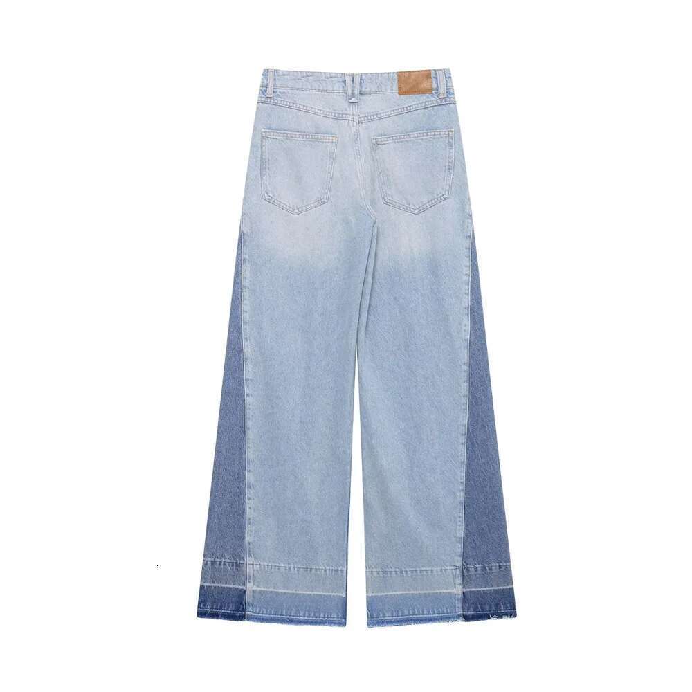 2025 New Women's Casual Elegant Design With European And American Style Splicing Cotton High Waist Wide Leg Jeans Designer