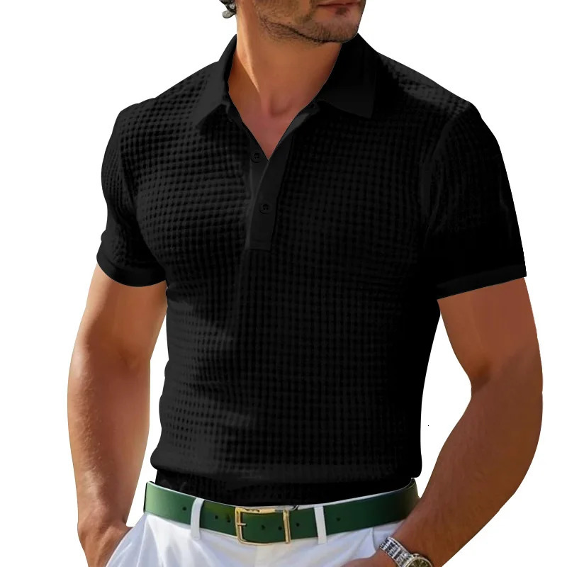 Mens Summer Style European and American Fashion Classic Comfortable Breathable Waffle Solid Color Top T-shirt Polo Shirt 250515