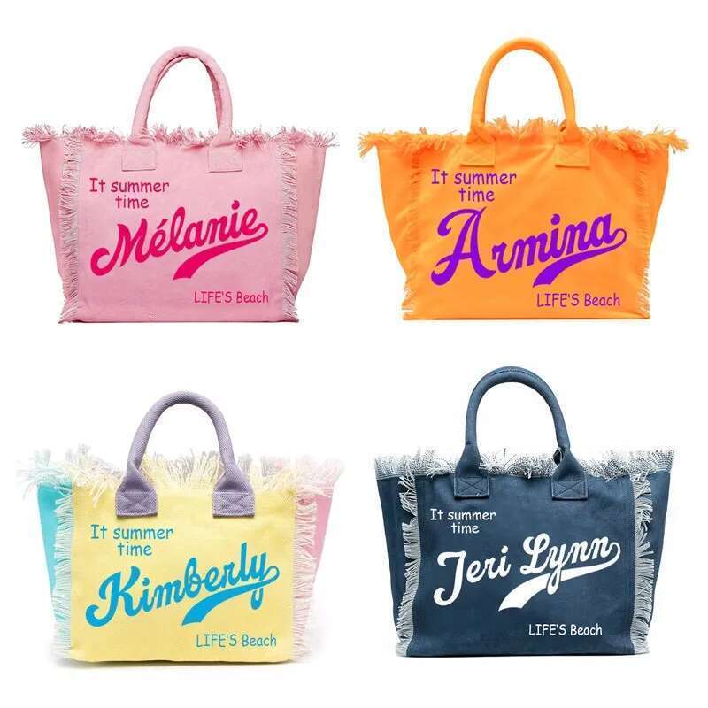 Fashionable Customizable Letter Tassel Canvas Summer Beach Women's Bag Large Capacity Commuting Tote Wedding Gifts