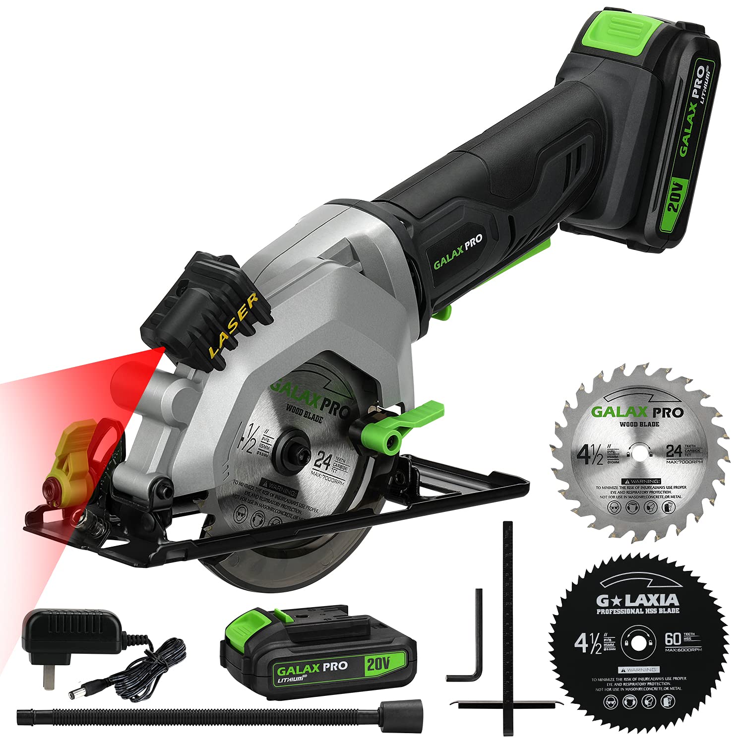 GALAX PRO Cordless Circular Saws 20V (2.0 Ah Battery with Charger) Laser Guide 2 x Circular Saw Blade Diameter 115mm 3400RPM 45° Adjustable Tilt Angle