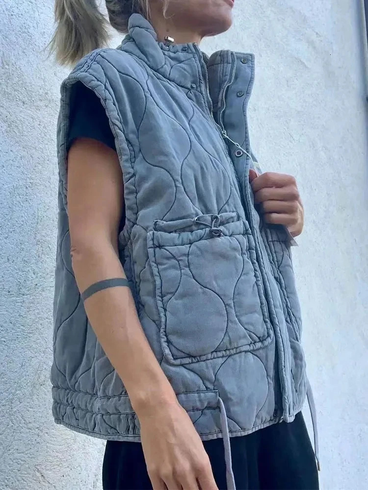 Nlzgmsj 2024 Autumn Winter Women Pocket Cotton Jacket Vest Sleeveless Stand Neck Zipper Waistcoat Loose Female Streetwear 250506