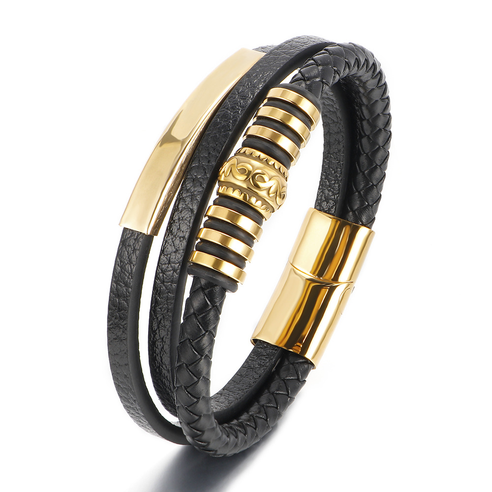 Men's Stainless Steel Vintage Leather Braided Bracelet with Magnetic Clasp, Multi-layered Design for Stylish Accessories - Wholesale